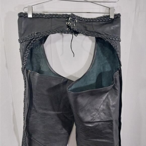 HUDSON LEATHER! BLACK GENUINE LEATHER, HEAVY DUTY BRAIDED DETAIL CHAPS! SZ XL - Picture 6 of 9